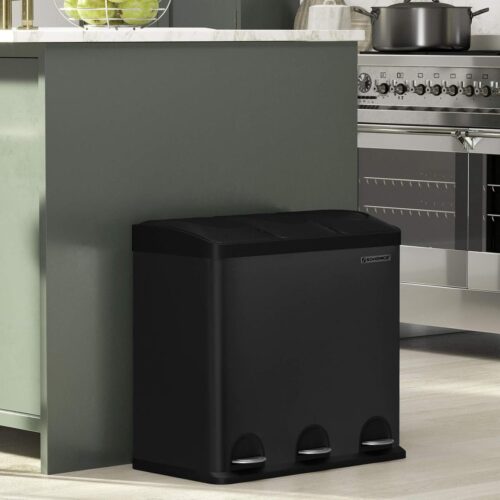 Ganeey 3-Vaks Pedaalemmer 54L - Afvalscheidingssysteem voor Keuken - RVS Vuilnisbak met Binnenemmers & Pedalen - Zacht Sluitend Deksel - Hygiënische Afvalemmer voor Restafval, Plastic & GFT - Zwart