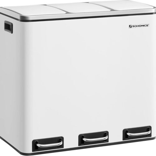Ganeey 3-vaks Pedaalemmer 54L - Afvalscheidingssysteem met 3 uitneembare binnenemmers (3x18L) - Softclose Deksel - Fingerprintproof Staal - Inclusief 15 Vuilniszakken - Wolkenwit - Stille en Hygiënische Afvalemmer voor Keuken