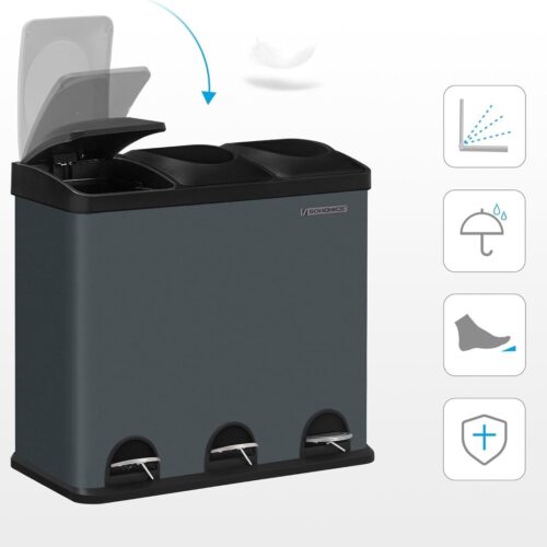 Ganeey 3-vaks Pedaalemmer 54L - Afvalscheidingssysteem met Binnenemmers & Stickers - Hygiënische Keuken Vuilnisbak met Deksel - Stijlvolle Rechthoekige Afvalemmer van Gelegeerd Staal - Grijs/Zwart - Softclose & Antislip