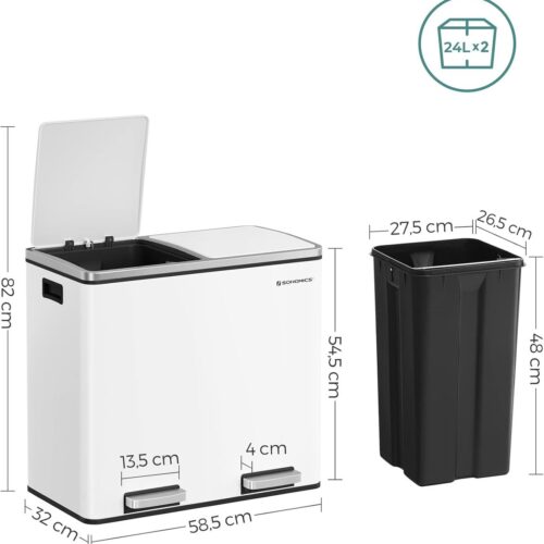 Ganeey Afvalemmer Keuken 48L - 2 Vakken Afvalscheiding - Pedaalemmer met Soft-Close Deksel - Hygiënische Prullenbak - Rechthoekig Design - Binnenemmers Uitneembaar - Wolkenwit - Kunststof & Staal - Stil Sluitend Deksel - Modern & Ruimtebesparend