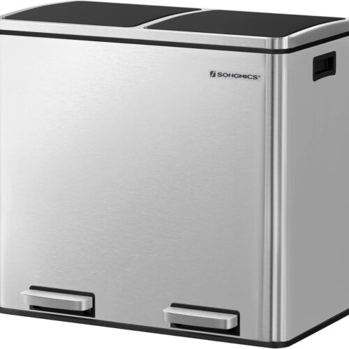 Ganeey Afvalemmer Keuken 48L - Afvalscheidingssysteem met 2 Binnenemmers - Pedaalemmer met Softclose Deksel - Luchtdicht & Antislip - Roestvrijstaal Look - Hygiënisch & Ruimtebesparend - Metallic Zilver