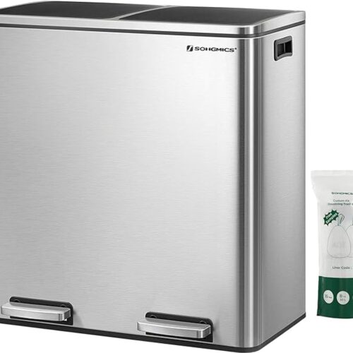 Ganeey Luxe Afvalscheidingssysteem 60L - 2 x 30L Vuilnisbak Keuken - Dubbele Pedaalemmer van Roestvrij Staal - Soft-Close Deksel - Uitneembare Binnenemmers - Geruisloos & Hygiënisch - Zilver/Zwart - Afvalemmer voor Recyclen & Restafval