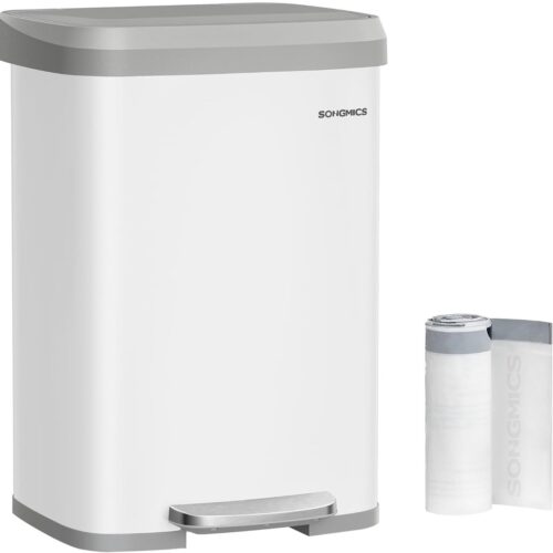 Ganeey Luxe Pedaalemmer 50L - Roestvrijstalen Afvalemmer met Soft-Close Deksel - Keuken Vuilnisbak - Rechthoekige Vuilnisemmer met Koolstoffilter - Wit & Duifgrijs - Geruisloos & Hygiënisch