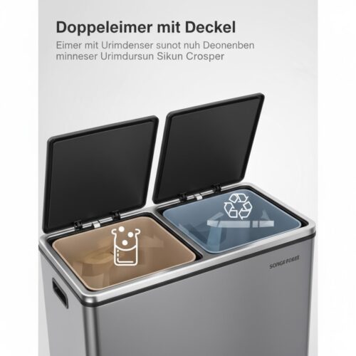 Ganeey Luxe Pedaalemmer Keuken 60L - 2 x 30 Liter Afvalscheidingssysteem - Softclose Dubbele Afvalemmer - RVS & Kunststof - Luchtdicht, Geruisloos, Hygiënisch - Leigrijs