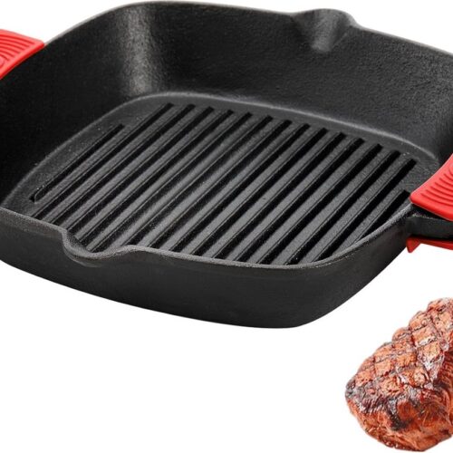 Gietijzeren grillpan 25 cm vierkante pan met gemakkelijke vetafvoeruitloop en twee siliconen handgrepen, vlees, kamperen en grillen