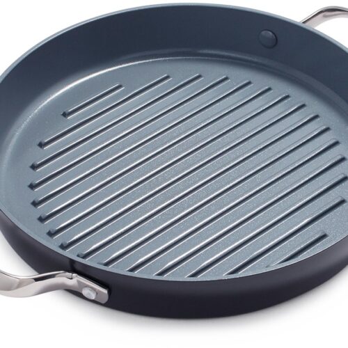 GreenPan Valencia Pro Aluminium Ronde Grillpan Ø28cm - PFAS-vrij - inductie - Ovenbestendig 220 graden - Vaatwasserbestendig - RVS handvaten - Geribbeld kookoppervlak - Grijs