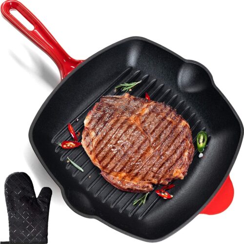 Grillpan met ovenhandschoen, extreem duurzaam en 100% flexibel, gecoate gietijzeren pan voor perfecte resultaten - ideaal als grill-, steak- en sauteerpan