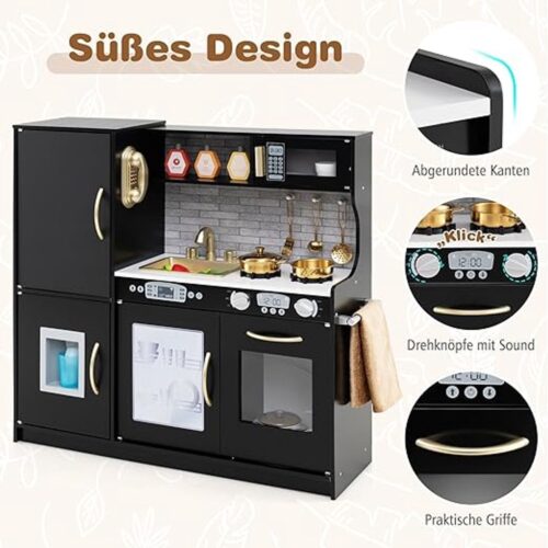 Houten kinderkeuken met magnetron, oven en waterbak - Inclusief ijsmachine, krijtbord en speelaccessoires | Voor 3-6 jaar (zwart)