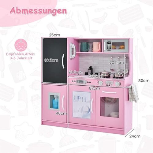 Houten kinderkeuken met oven, magnetron en waterbak - Inclusief ijsmachine, krijtbord en accessoires | Voor kinderen 3-6 jaar (bruin)