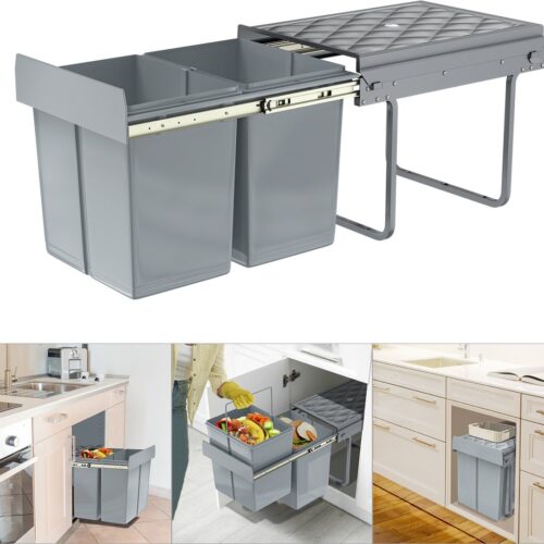 Inbouw-afvalscheidingssysteem, afvalsorteerder, 2 uitneembare afvalemmers, uittrekbare tandemtrails, met telescopische rails voor keuken, grijs, 48 x 34 x 35 cm, 2 x 15 l
