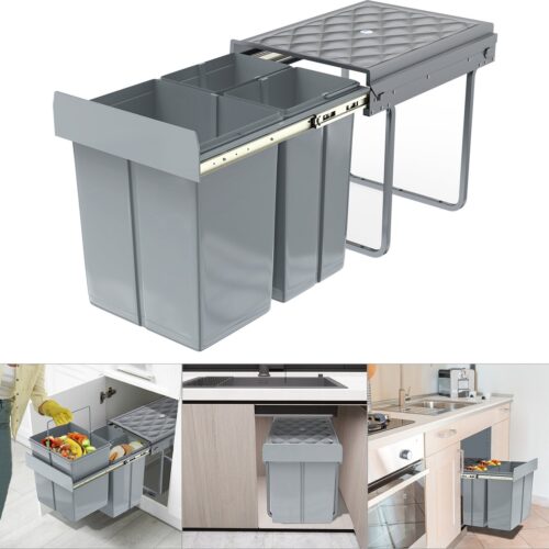 Inbouw-afvalscheidingssysteem, afvalsorteerder, 3 uitneembare afvalemmers, uittrekbare tandems, met telescopische rails voor keuken, grijs, 48 x 34 x 42 cm, 2 x 10 l + 1 x 20 l