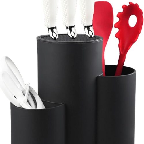 Inovra ® Messenblok zonder mes 3 in 1: Messenblok Zwart, Universele ronde messenblokhouder, Messenopslag Ongemonteerd keukenbestek Geschikt voor alle keukenmessen