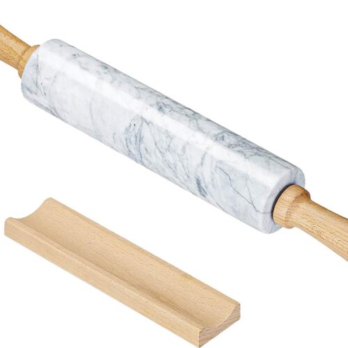 Intirilife Marmeren deegroller met houder, in Wit - 46.5 cm - Deegroller, bakroller, rolstok, gemaakt van natuurlijk marmer, voor eenvoudig uitrollen van deeg, gemakkelijk schoon te maken