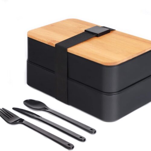 Japanse Lunchbox - Japanse Broodtrommel met Vakken - 3 Delige Bestek - Lunchdoos met Bamboedeksel voor op School en op Werk - voor Kinderen en Volwassenen