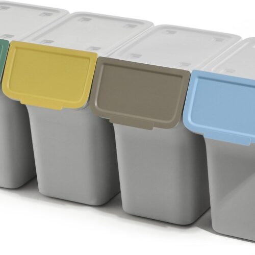 KADAX Afvalemmer met deksel, plastic afvalemmer voor afvalscheiding, rechthoekige afvalemmer met klapdeksel (grijs, 4 x 20 l)