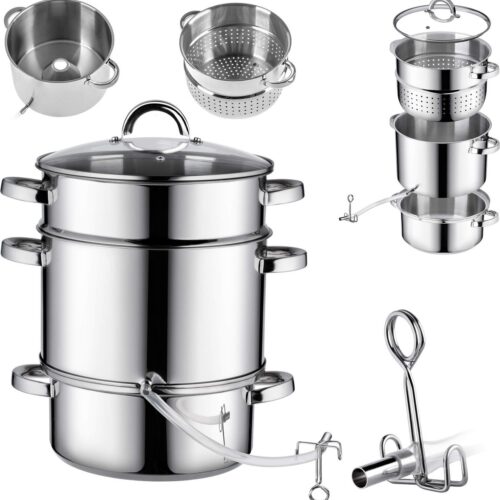 KADAX Stoomsapcentrifuge, fruitsapcentrifuge van roestvrij staal met glazen deksel, vaatwasmachinebestendige sapcentrifuge, stoompers voor alle warmtebronnen, ook geschikt voor inductie (zilver, 8