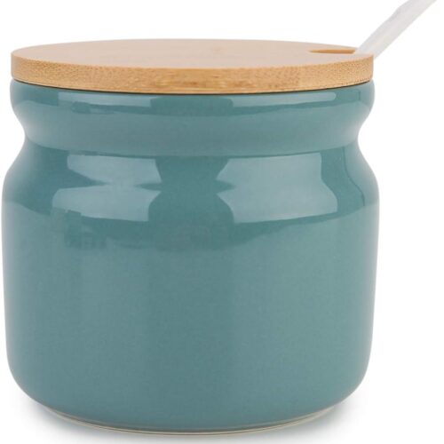 Keramische Suikerpot met Houten Deksel - Vintage Suikerpot - 230 ml - Donkergroen - Porselein