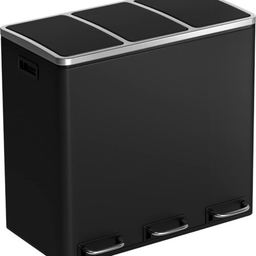 Keukenafvalemmer - Afvalscheidingssysteem - 3 x 18L, - Pedaalemmer Met 3 Compartimenten - 61,5 x 56 x 31,5 -Afvalemmer Prullenbak - Softclose - Met Voetpedalen - Kunststof Binnenemmer en Handgrepen Zwart