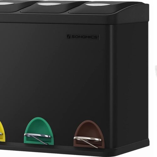 Keukenafvalemmer, Metalen Pedaalemmer, 3-Ä°n-1 Afvalemmer, 24 Liter, Afvalscheiding, Afvalscheidingssysteem, Eenvoudig Te Reinigen, Staal, Zwart