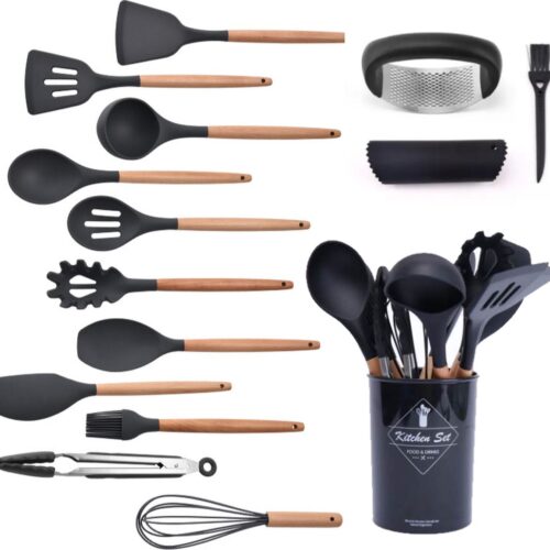 Keukengerei set - 12 delig - Met gratis knoflookpers - BPA vrij - Siliconen - Hout - Rvs - Met houder - Koken - Hittebestendig - Vaatwasserbestendig - Krasvrij - Spatelpot - Zwart
