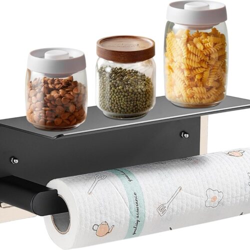 Keukenrolhouder Zwart Mat Geen boren nodig Papierrolhouder met plank Keukenrolhouder voor keukenrol Keukenaccessoires Wandmontage voor badkamer en keuken Opbergen &