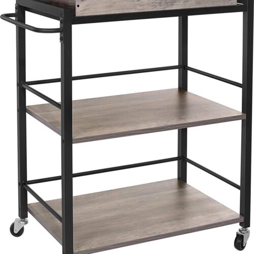 Keukenwagen - Serveerwagen - Keukentrolleys- 65 x 40 x 86 cm- grijge-zwart -Serveerwagen met afneembaar dienblad, afsluitbare keukentrolley met universele wielen, keukenrek,stabiel metalen frame, industrieel design