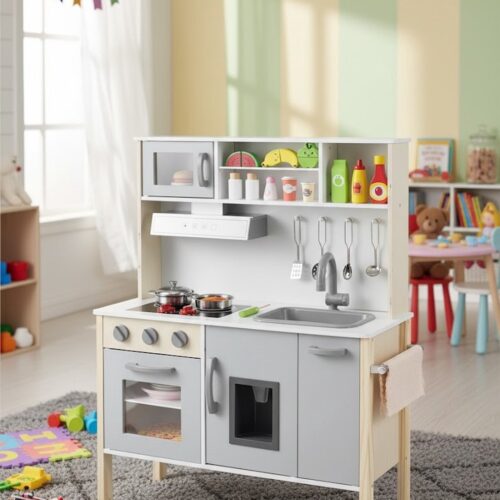 Kinderkeuken, speelkeuken incl. 18 accessoires, houten keuken met spoelbak, magnetron, ijsmachine, oven, speelgoedkeuken, houten keuken voor kinderen vanaf 2 jaar (grijs)