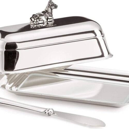 Koe botervloot met glasplaat - Verzilverd - Hoogglans gepolijst - 8 x 13 cm - Met bijpassend botermes butter dish with lid