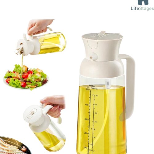 LifeStages - Olijfolie Sprayer - Olijfoliedoseerfles Voor Keuken Met Maatverdeling - 2 In 1 Oliespuit Voor Koken - 18oz/550ml Glazen Spuitfles Met Schenktuit - Voedselveilige Spuitbus Voor Friteuse - Barbecue - (Roomwit)