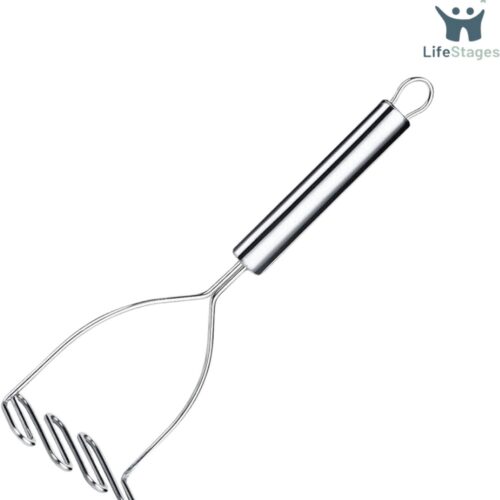 LifeStages - Stampotstamper - Aardappelstamper - Heavy-duty Metalen Aardappelpers met Spiegelpoets - Voedselstamper - Handstamper - 24 cm - Zilver