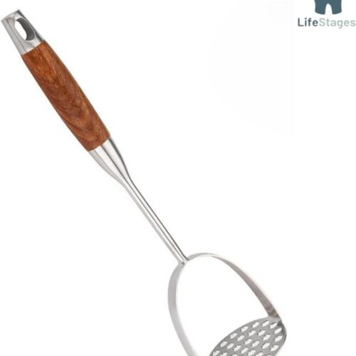 LifeStages - Stampotstamper - Roestvrijstalen Aardappelstamper - Houten Handvat - Aardappelstamper - Groentestamper - Voedselstamper - Zilver/Bruin