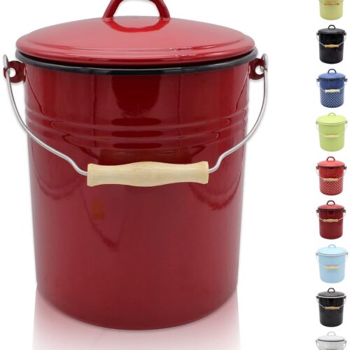 LifeStages® Vuilnisbak met deksel - stalen afvalemmer met emaille coating en houten handvat - snij- en krasbestendig oppervlak - duurzaam en veelzijdig inzetbaar (10 liter, rood)