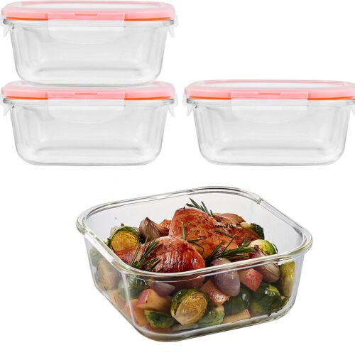 Lock&Lock Glazen vershoudbakjes - Glazen meal prep bakjes - Glazen bakjes met deksel - Ovenschaaltjes met deksel - Airfryer bakjes - Bewaarbakjes - Luchtdicht - Vierkant - 1.4 liter - Set van 4 stuks - LocknLock