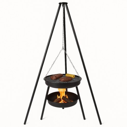 Lomera Vuurschaal Hangend - met Grillrooster - Driepoot Model - Grillplaat Inbegrepen met Ketting - Barbecue Functie - Staal - Buiten Koken - Vuurplaats met Grill - Tuin en Terras - Tuinaccessoires
