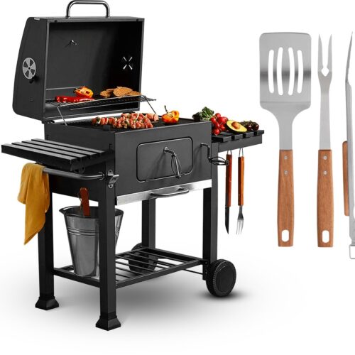 Luxora Life® Houtskool BBq- Smoker Barbecue - Incl. BBQ-set- 42x57 cm Grilloppervlak- Verstelbaar Kolenrooster - Met Zijpanelen - Zwart