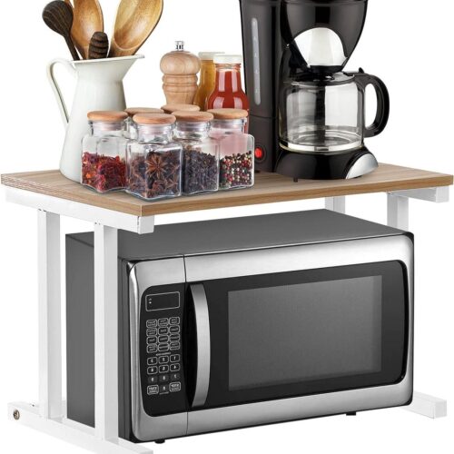 Magnetronstandaard met 2 niveaus voor thuiskeuken - Wit - 57 x 38 x 38 cm - Draagvermogen 30 kg - Keukenorganizer met ruimte voor rijstkoker en broodbakmachine