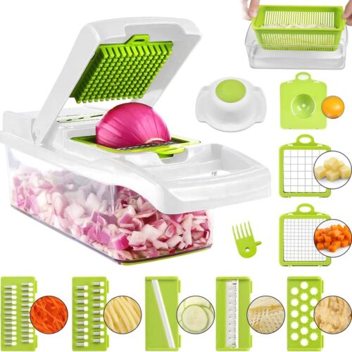 Mandoline Snijmachine 12 in 1 Multifunctionele Keuken Groentesnijder met Eierscheider en Handbeschermer 7 Vervangbare Roestvrijstalen Rasp voor Wafel Julienne Snijden Fruit Groenten - Waterspeelmat Limoen. Groentesnijder