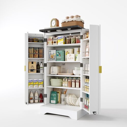 Merax Witte Keukenkast met LED Sensorlicht en Kruidenrek - Moderne Hoge Kast met Draaideuren en Verstelbare Planken - 120 x 60.5 x 40 cm