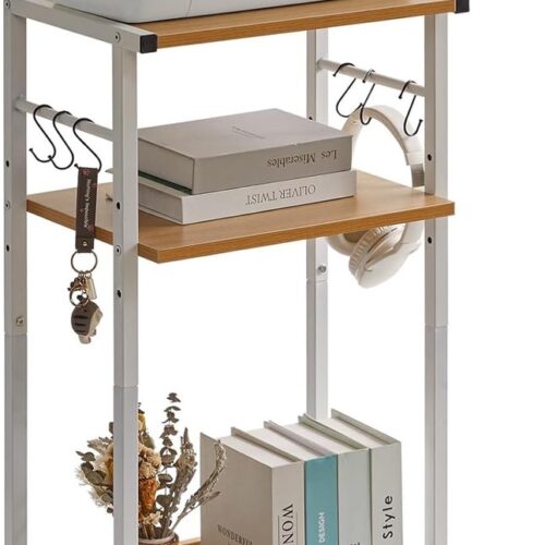Mobiele printertafel, printerwagen, 3 planken, in hoogte verstelbare printerstandaard met wieltjes, 6 haken, voor kantoor, fax, kopieerapparaat, scanner, hakmolen, 44 x 30 x 82 cm, natuurlijke