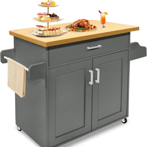 NAIZY Keukenkast Keukenwagen met werkblad & wielen & laden Keukentrolley Afsluitbare serveerwagen, 115x36x90cm (Grijs)