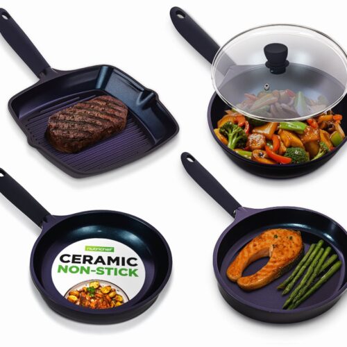 NutriChef Koekenpannenset - 4-delige Antiaanbak keramische pannenset met wok, grill-, bak- en vispan - Geschikt voor alle kookplaten