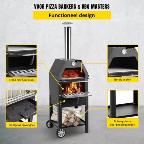 Onderweg online - Luxe BBQ - Pizza oven - 2-in-1 - Houtoven - Pizzasteen - Houtskool BBQ - 45.8x46.4x141.8 cm