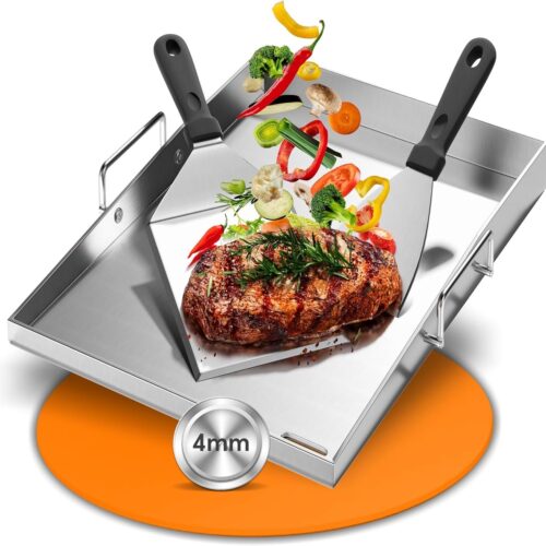 Plancha grillplaat roestvrij staal 40x30cm (4mm dik) voor gasgrill & kolengrill - incl. draagbeugel + 2 grillspatels - gesloten hoeken met vetafvoer, roestvrij en duurzaam - ideaal voor camping & tuin
