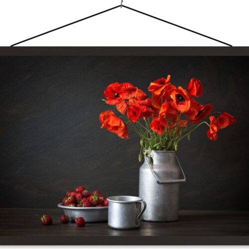 Posterhanger incl. Poster 60x40 cm - Schoolplaat - Stilleven - Klaprozen - Melkkan - Textielposter - Zwarte latten