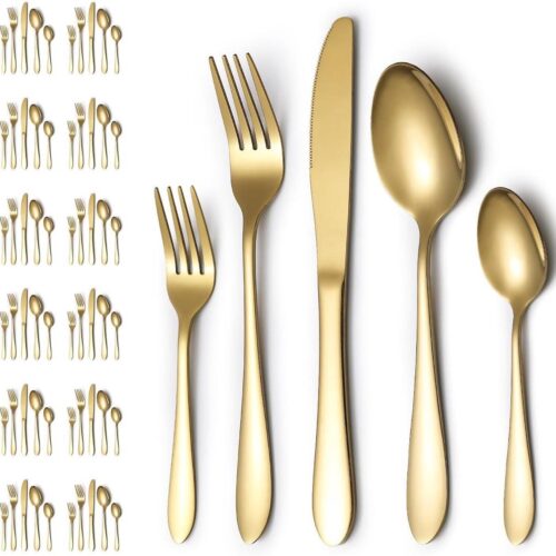 Premium 60-delige bestekset voor 12 personen - Verguld Titanium Plating - Inclusief dinermessen, dinerlepel, dinervorken, theelepels, slavorken - Vaatwasmachinebestendig