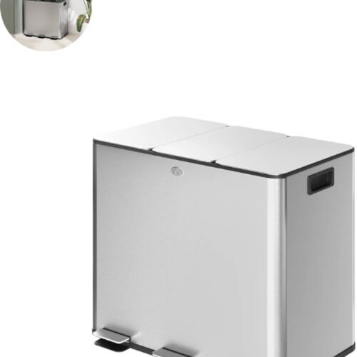 Prullenbak 3 vakken - Afvalscheiding - 3 x 15 L inhoud - Duo pedaalemmer Grijs- Afvalemmer 45 Liter - Recycle Afvalbak - Afvalscheidingsprullenbak - Hygiënisch Afval Scheiden - Keuken Vuilbak - Kantoor Prullenbakk - Zilver