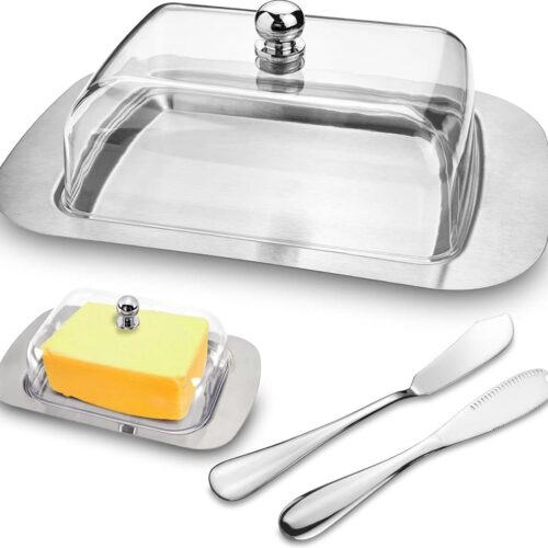 Roestvrij stalen botervloot met deksel voor boter-kaas-gebak-vruchten bewaren (186 x 12 x 65 cm) met 2 grote botermessen