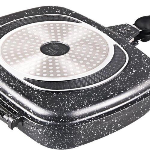 Royal Swiss® Dubbele Grillpan 32 cm - Marble Antiaanbaklaag - Magnetische Sluiting - Geschikt voor Inductie, Gas & Keramisch - Dubbele Koekenpan - PFAS-vrij