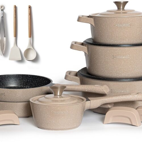 Royalty Line® OS1014 Pannenset Inductie - 17 Delige Pannensets - PFAS Vrij - Pan Met 4 Afneembare Koudgrepen - Pannen Geschikt Voor Alle Warmtebronnen - Beige