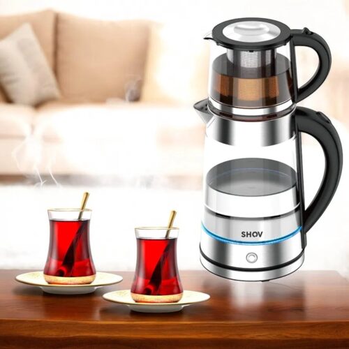 SHOV - Antalya - Elektrische Theepot & Waterkoker Set - 1,7L + 0,8L - Glas & RVS - 2200W - Automatische Uitschakeling - Draaibare Basis - Modern Design